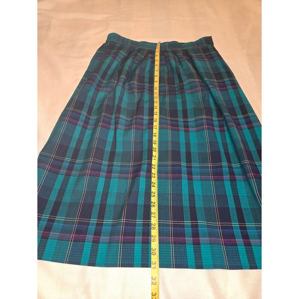 Sz 12 PENDLETON Vintage Teal Green Plaid Gathered Button Waist Zip Midi Skirt - Picture 3 of 7